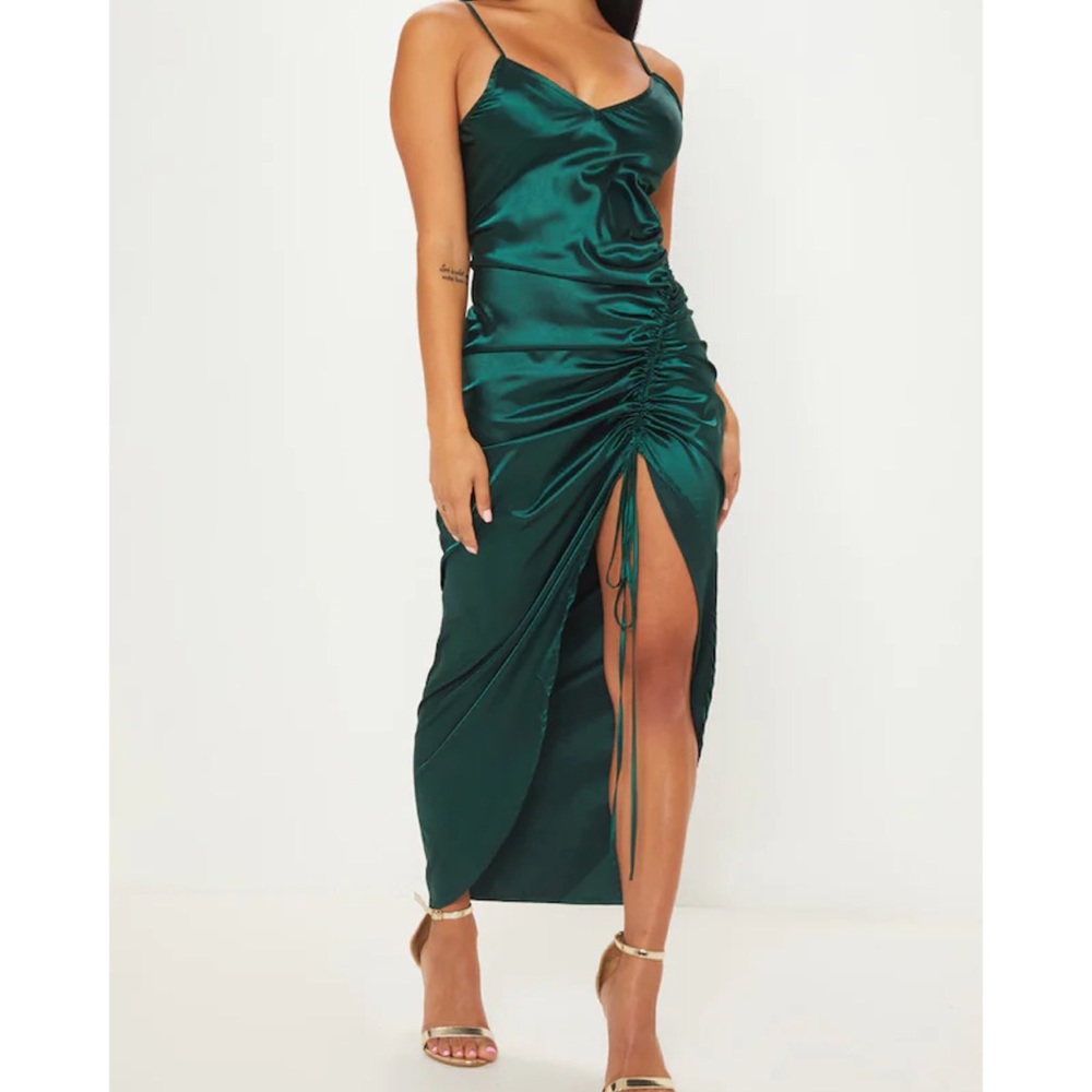 PrettyLittleThing Emerald Green Satin Strappy Ruched Maxi Dress